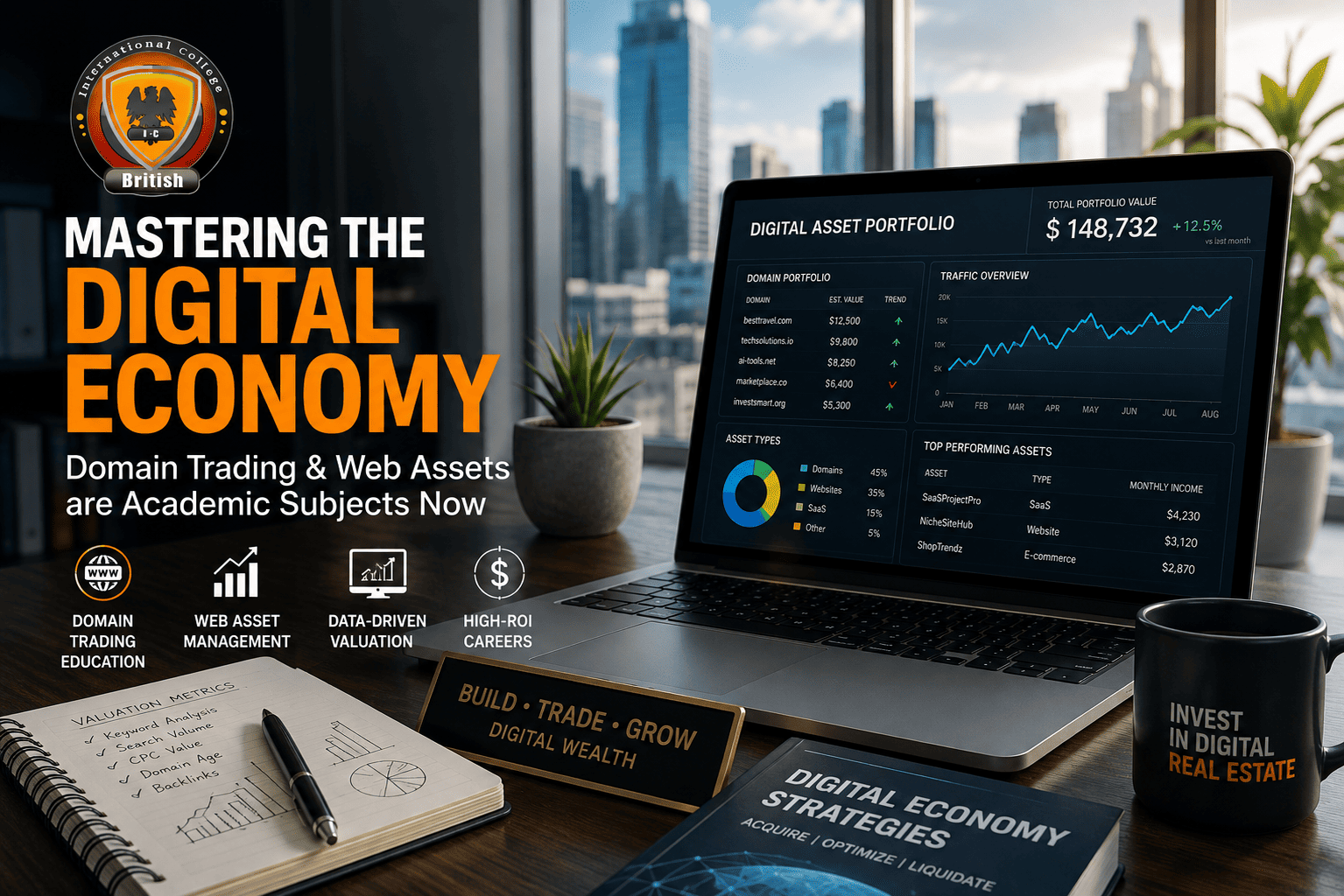 Digital economy degrees curriculum showcasing domain trading education and web asset management